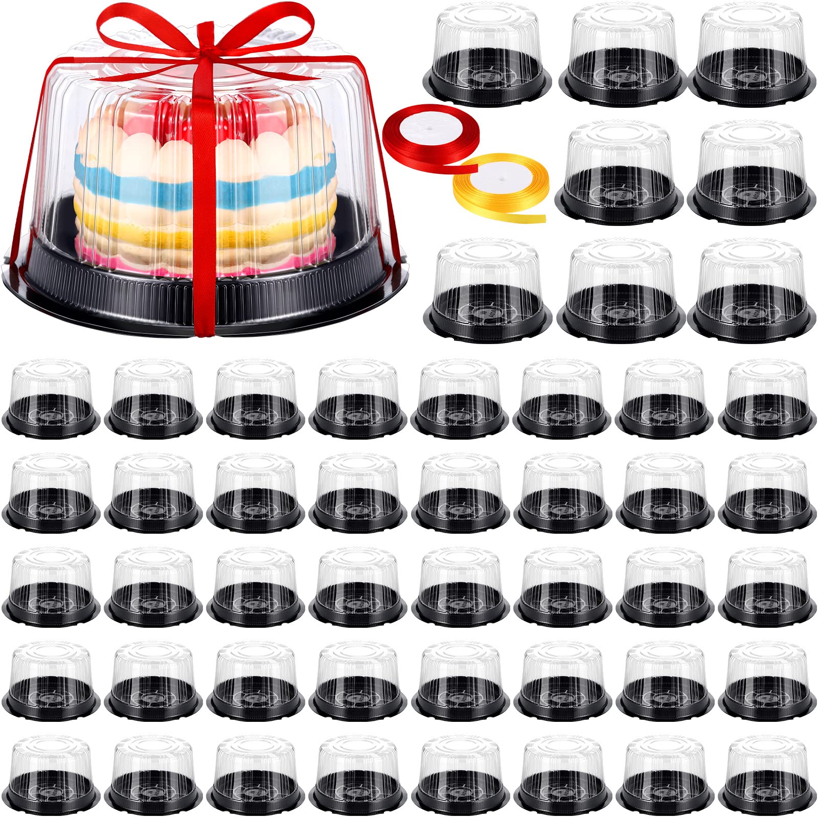 Photo 1 of Skylety 80 Pcs 6 Inch Cake Containers with Lid and 2 Rolls Ribbons Plastic Disposable Cake Containers Black Cake Box Clear Bakery Cake Carrier with Transparent Dome Product for Cupcake Transport