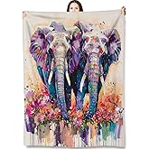 Turamurra Colorful Elephant Flower Throw Blanket Gifts for Animal Lovers Adults Kids,Funny Watercolor Wildlife and Floral Blankets for Living Room Bedroom Decor, Fuzzy Warm Flannel Plush 50"x60"