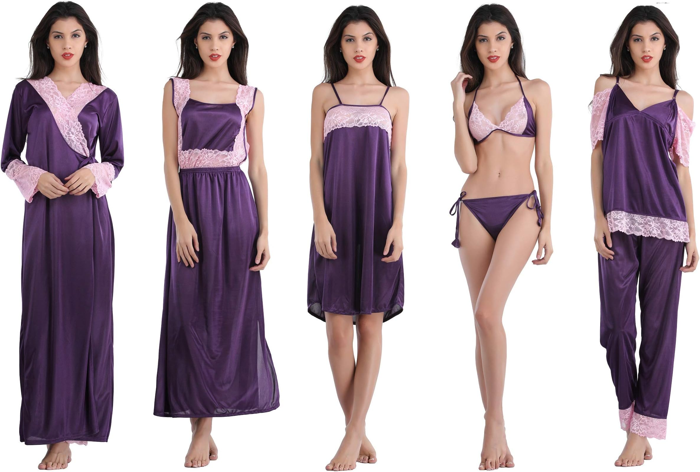Women's Satin Nighty - 7 Pc Set- Nighty/Robe/Top/Pyjama/Short Nighty/Bra/Panty