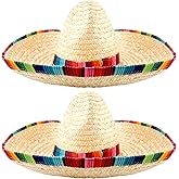 Cagemoga 2 Pcs Mexican Sombrero Hat Large Sombrero Straw Hat with Serape Trim Chin Strap for Adult Mexican Party
