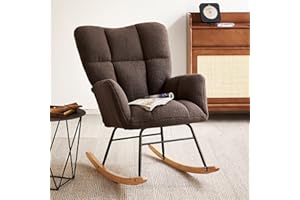 Ljirnt Nursery Rocking Chair, Teddy Fabric Upholstered Glider Rocker with High Backrest, Modern Rocking Accent Chairs Comfy Side Chair for Nursery, Bedroom, Living Room (Brown)