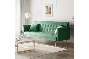 OUYESSIR Velvet Futon Sofa Bed, Convertible Futon Couch, Sturdy Sleeper Sofa in 71 inch, Small Futon Sofas (Green)