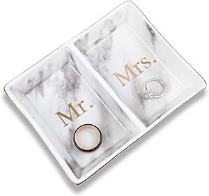 Aller Home & Kitchen Mr. & Mrs. Ring Dish Jewelry Plate (Marble Design) - His and Hers Two Section Trinket Tray for Wedding and Engagement Rings, Earrings, Bracelets, Necklaces, Watches, Couples Gifts
