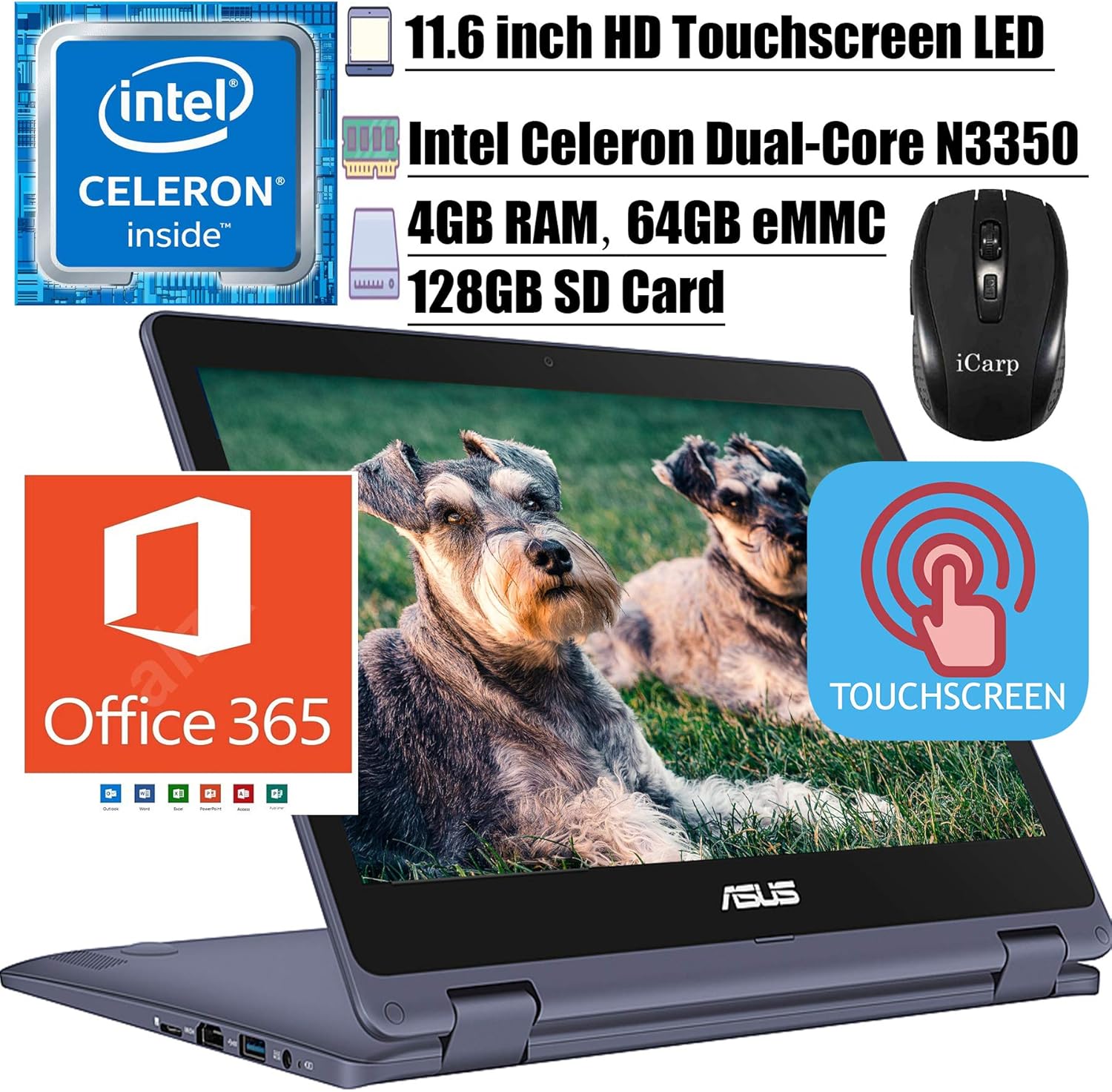 2020 Newest Asus Vivobook Flip 11 2-in-1 Thin and Light Laptop 11.6" HD Touchscreen LED Intel Celeron N3350 4GB RAM 64GB eMMC 128GB SD Card Office 365 WiFi HDMI Win 10 + iCarp Wireless Mouse