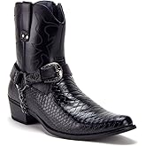 Jazame Cowboy Boots for Men Western Style Ankle High Motorcycle Riding Pointy Toe Moto Dress Boot Belt Buckle Faux Snake Skin Chain Accent