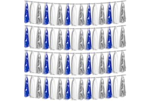 HYSILLA 4P Navy-Blue White-Silver Foil Fringe Metallic Tassel Garland Banner, Tassels Banner Streamers for Parade Floats, Bachelorette, Wedding, Birthday, Halloween, Bridal/Baby Shower Party Decorations