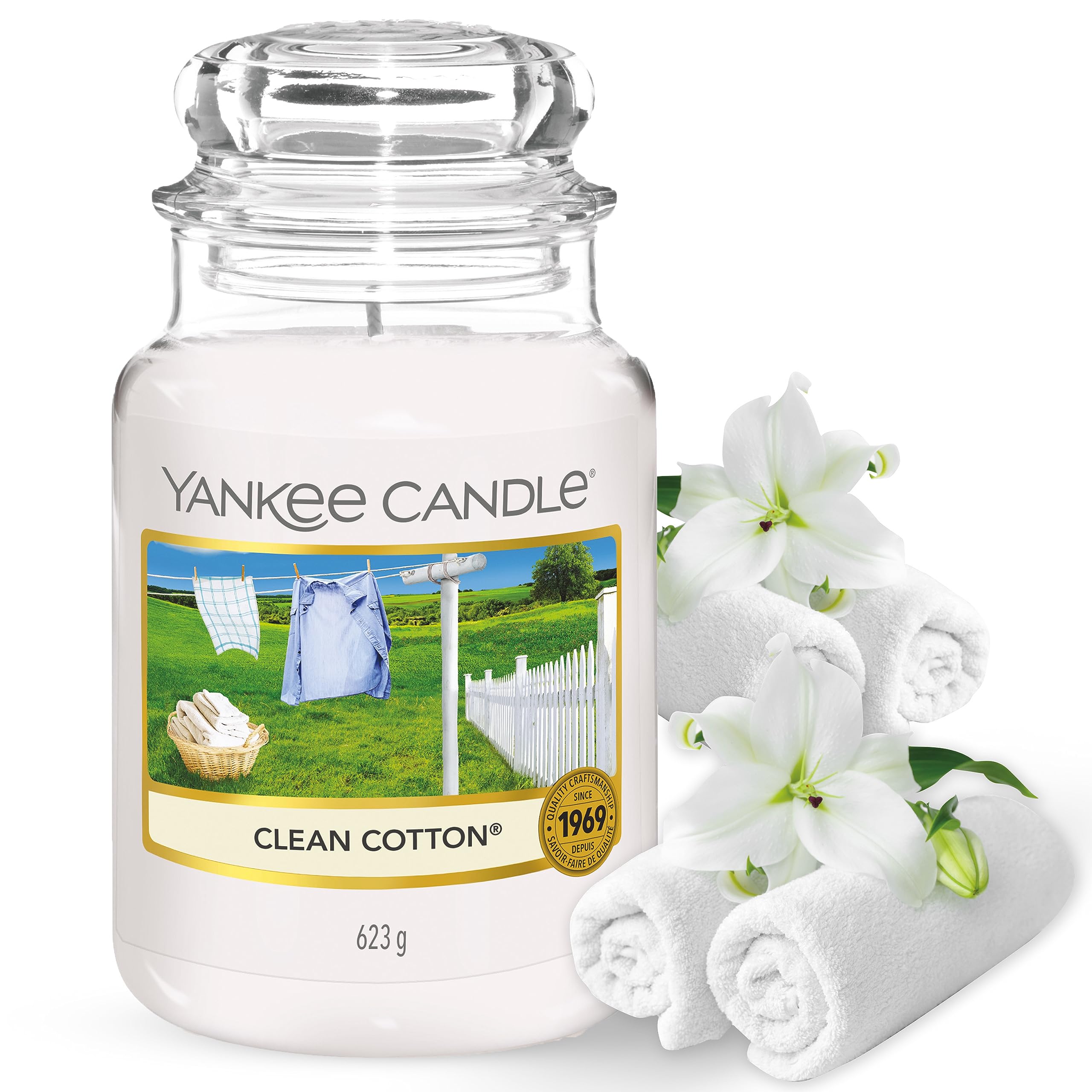 Yankee Candle Large Jar Scented Candle, Clean Cotton, Up to 150 Hours Burn Time
