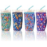 4 Pack Iced Coffee Sleeve,reusable Neoprene Cup Sleeves Suitable For Beverage Sleeves For Hot And Cold Coffee Or Ice Drink Coffee cup sleeve for Starbucks coffee cup (flowers 30-32 OZ)