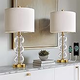 Oneach 25" Glass Table Lamps Set of 2, Gold Modern Table Lamps with USB Ports for Living Room, Linen Shade Bedside Lamps for 