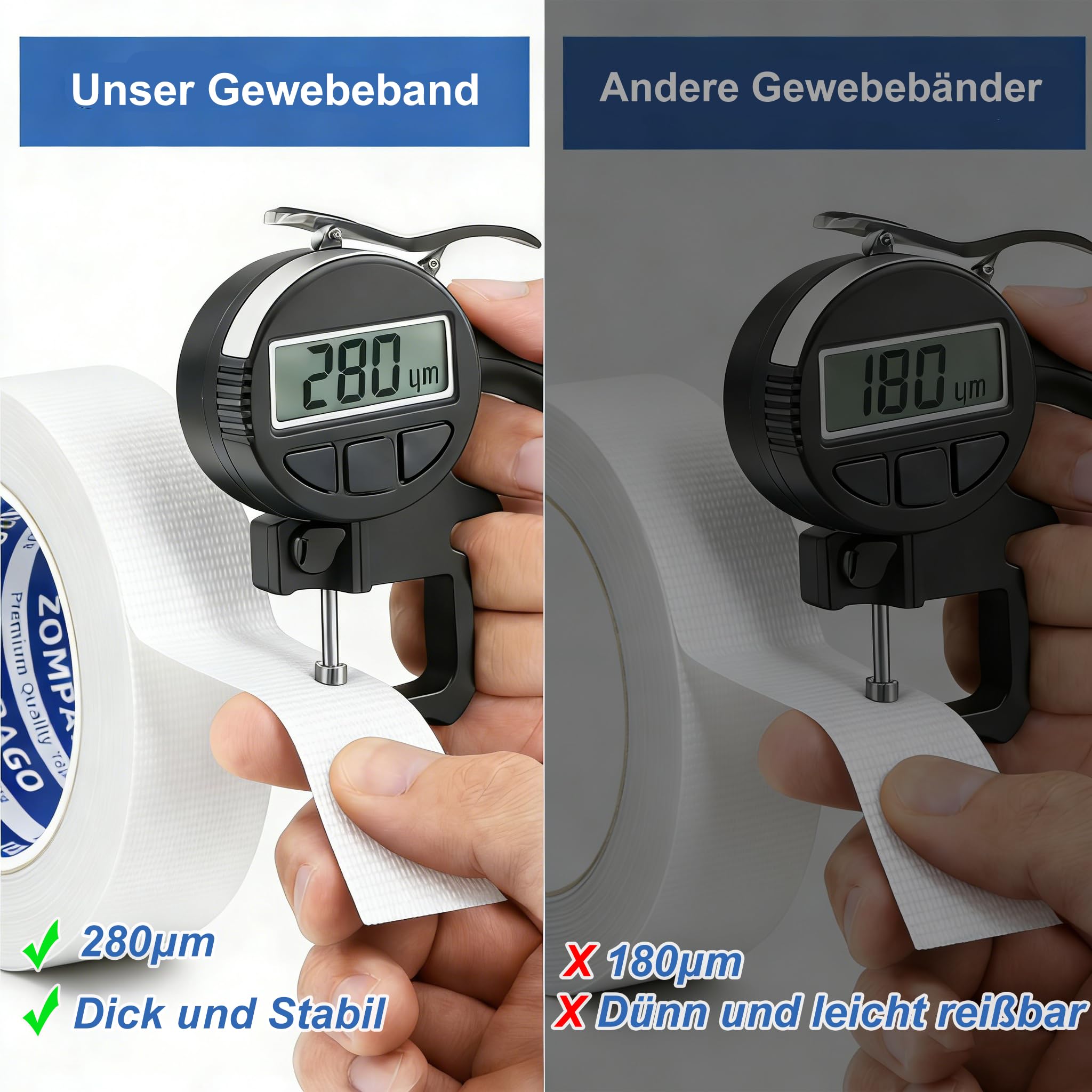 ZOMPAGO Panzertape, 45mm x 10m, Starkes Gewebeband 280μm, Wasserdichtes, Handreißbar Klebeband zum Reparieren, Befestigen, Bündeln, Verstärken oder Abdichten, Weiß 7