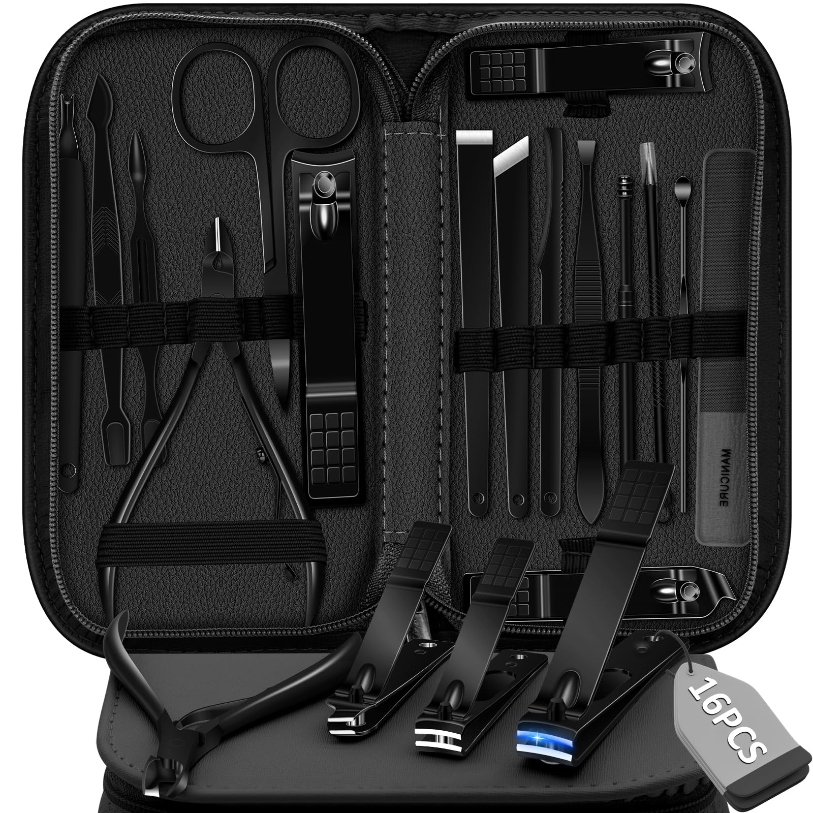Manicure Set Pedicure Kit, 16 Pcs Stainless Steel Nail Clippers Set, Professional Nail Care Tools Grooming Kit with Portable Travel Leather Case for Men Women Black