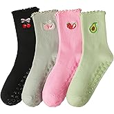 Jspupifip 4 Pairs Women Non-Slip Yoga Socks Cute Ruffle Grippy Socks for Pilates Barre Ballet Fitness Workout