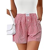 Lomon Boxer Shorts for Women Summer Gingham Pajamas 2026 Lounge Sleep Pj Plaid Shorts Y2K Beach Bottoms with Pockets