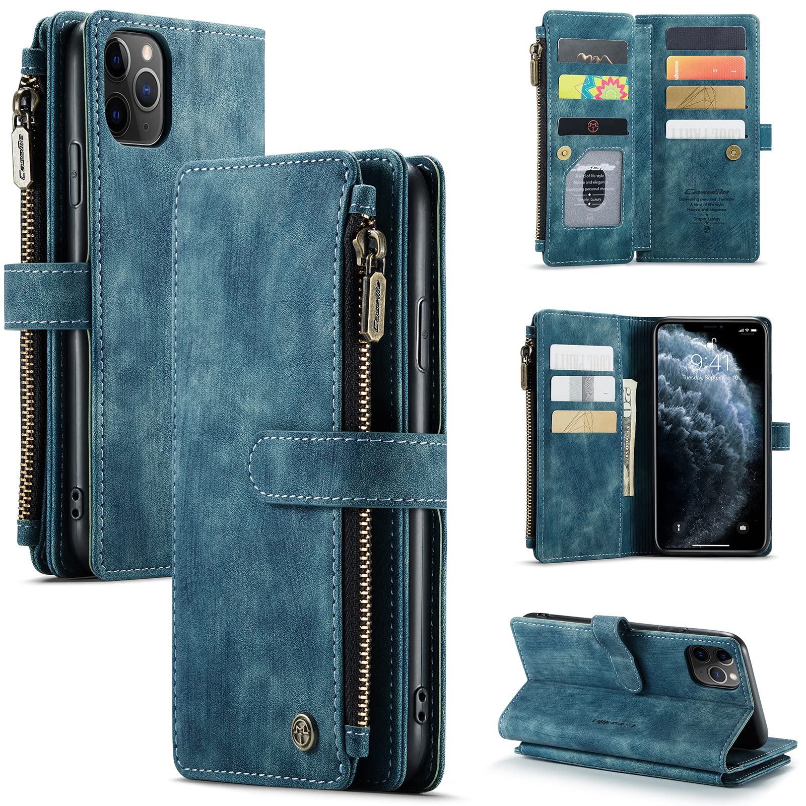 UFinetech Case for iPhone 11 Pro Max, Shockproof Card Holder Wallet Cover iPhone 11 Pro Max (6.5”), Anti-scratch Flip Magnetic Closure Built-in Kickstand Leather Soft TPU Slim Camera Protector, Blue