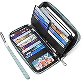 Large Capacity Credit Card Holder Organizer Bifold Wallet for Women Zip Around with Wristlet & Clear Window Clutch Purse Gift