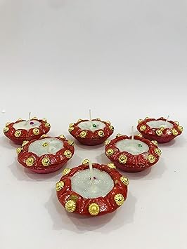 RealLife Red Handmade Traditional Big Matka/Matki/Handi Wax Clay Diya with Stone Work for Diwali Puja Pooja Terracotta/Deepak Diya Set of 6
