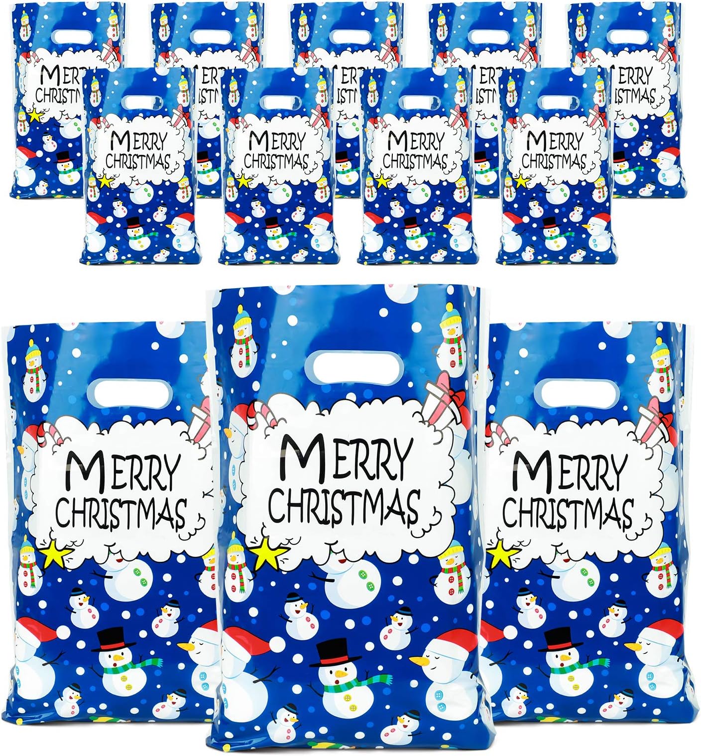 Christmas Bags for Gift, Plastic Bags with Die Cut Handles Durable Party Favor Bags 11 in x 13.7 in Shopping Bags Set of 12 Poly Bags