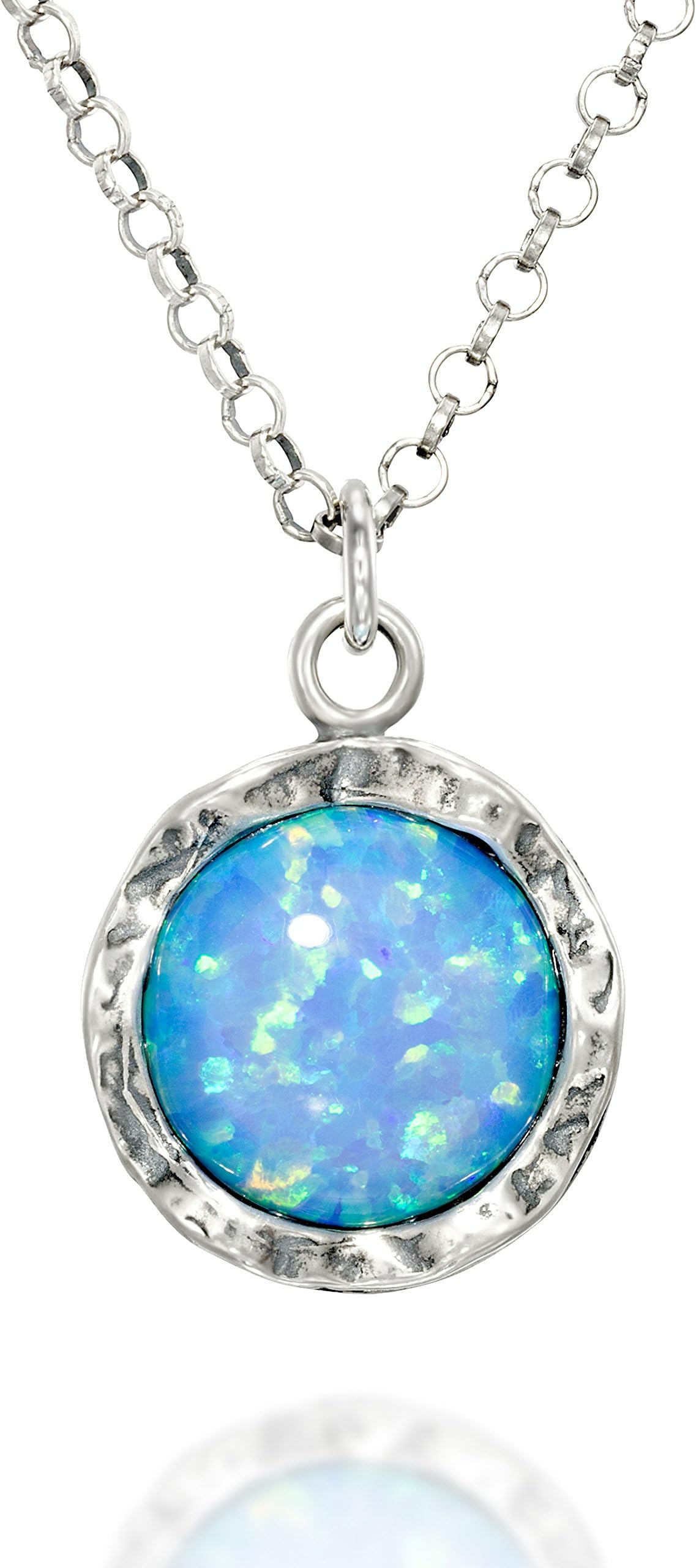 Stera JewelrySterling Silver Necklace & 10mm Shimmering Created Blue or White Opal Round Pendant