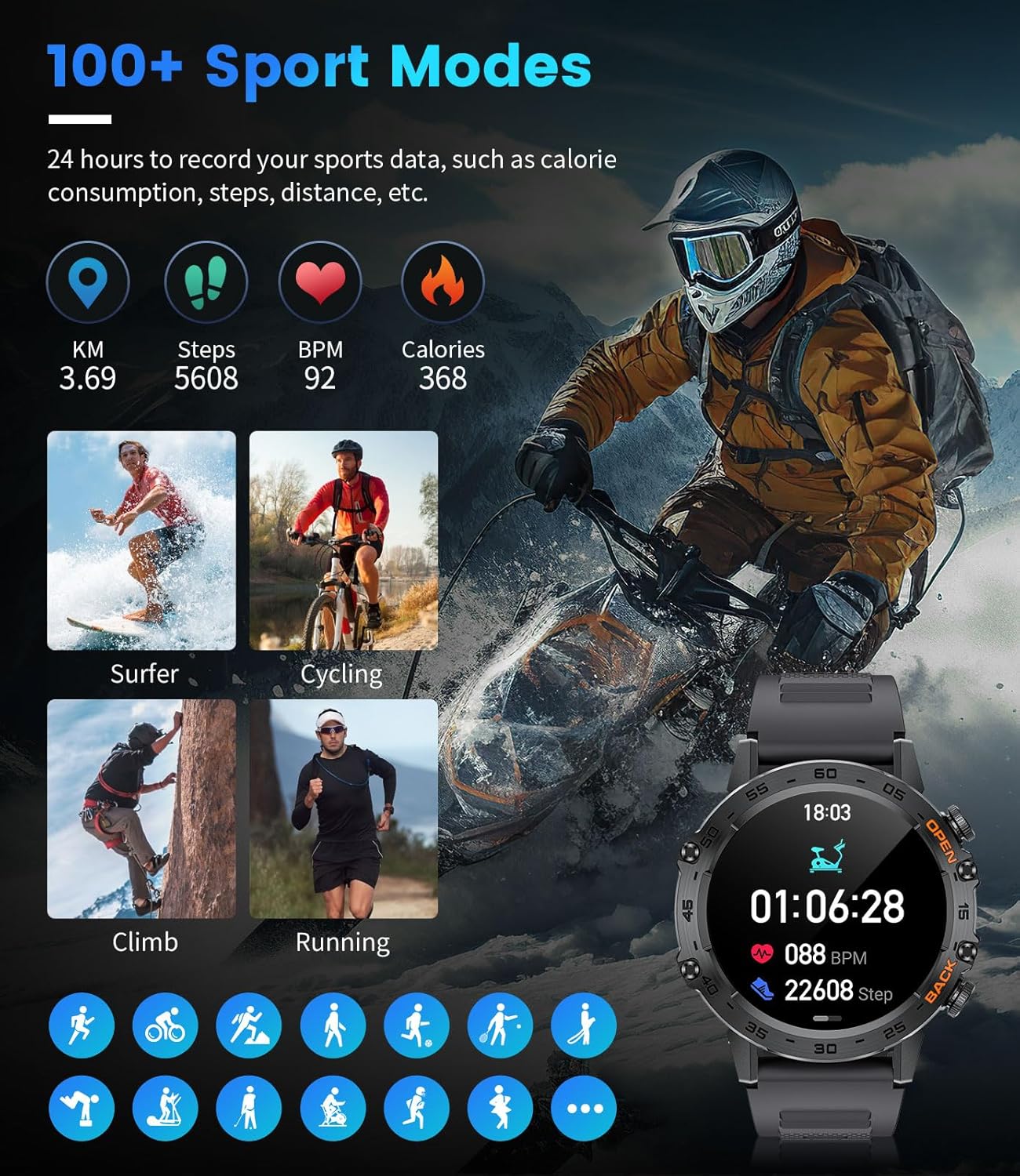 FOXBOX Smart Watch K-52 tracking various sports activities and fitness data