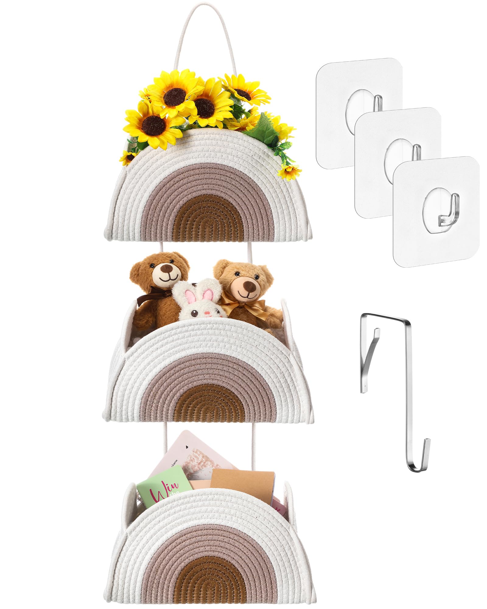 Photo 1 of Zopeal 3 Tier Wall Mounted Woven Cotton Rope Hanging Basket over the Door Hanging Basket with Hooks Decorative Food Snack Storage Organizer Newborn for Living Room(Rainbow,Boho Rainbow)