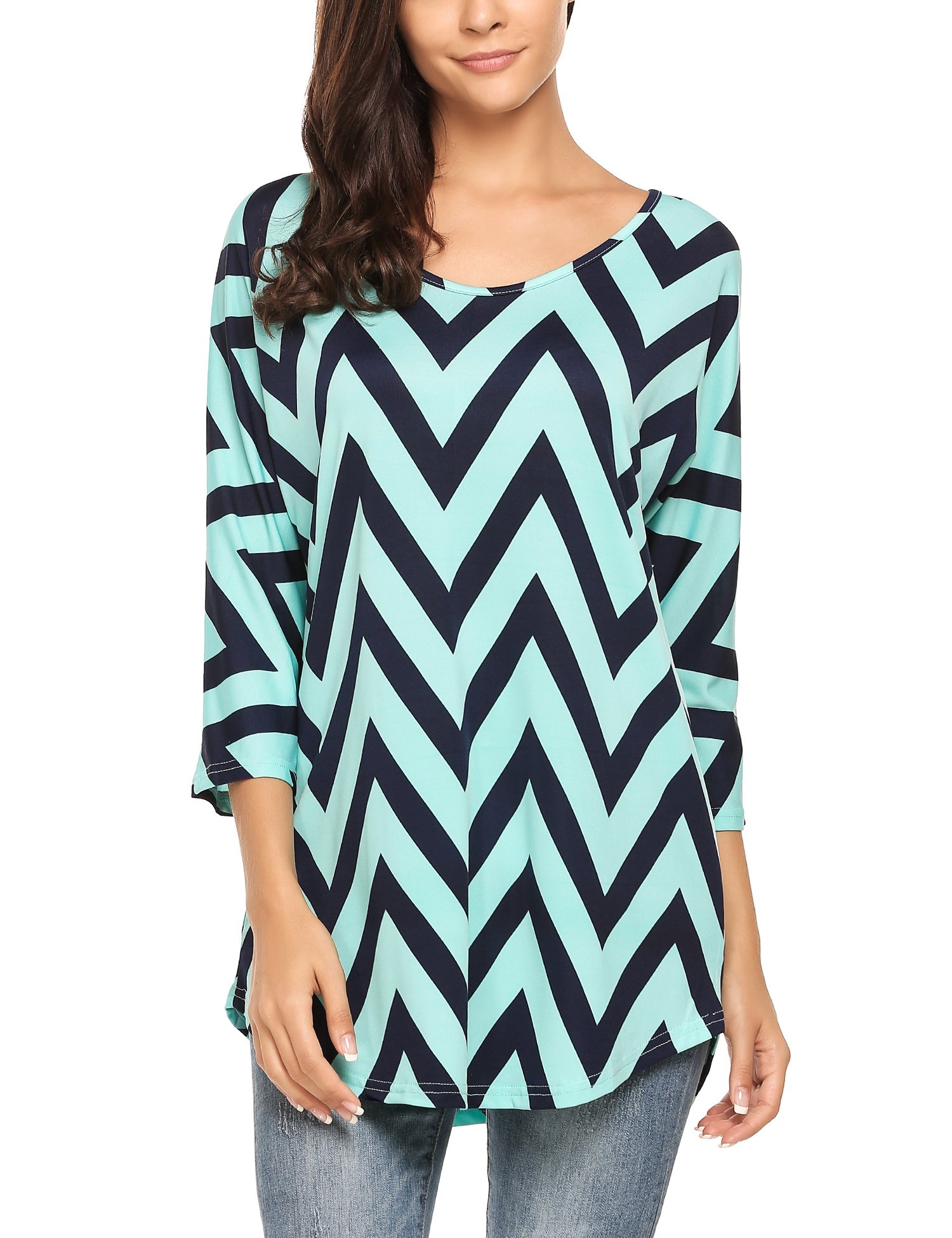 Zeagoo Women 3 4 Sleeve Multi Color Chevron Stripes Casual Blouse Shirt Tops Dark Blue M