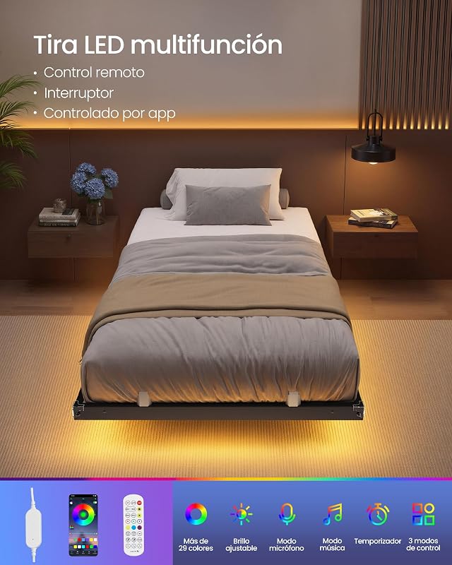 Estrutura da cama 90 x 190 cm, luzes LED, estação de carregamento removível, 2 tomadas AC, 1 porta USB-C, 1 porta USB-A, 1 polegada traseira, suporta até 250 kg, tinta preta RMB171B101