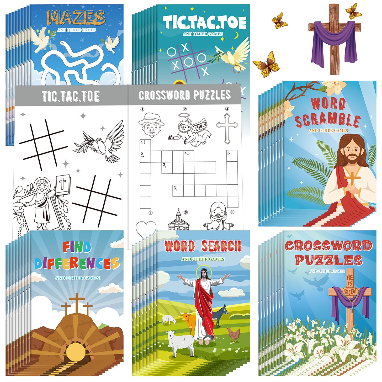 Photo 1 of Hungdao 48 Pcs He is Risen Easter Mini Activity Books for Kids Mini Christian Coloring Challenging Games Activity Books Bulk for Easter Party Favors Basket Stuffers Class School Supplies