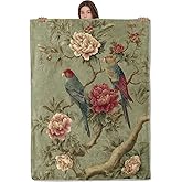 AHUCIZ Parrot Peony Lightweight Throw Blanket, Vintage Cartoon Bird with Branch Blossom, Warm Soft Cozy Flannel Blankets, Couch Bed Home Decor All Season Use, 60x50in, Green, Gifts for Nature Lovers