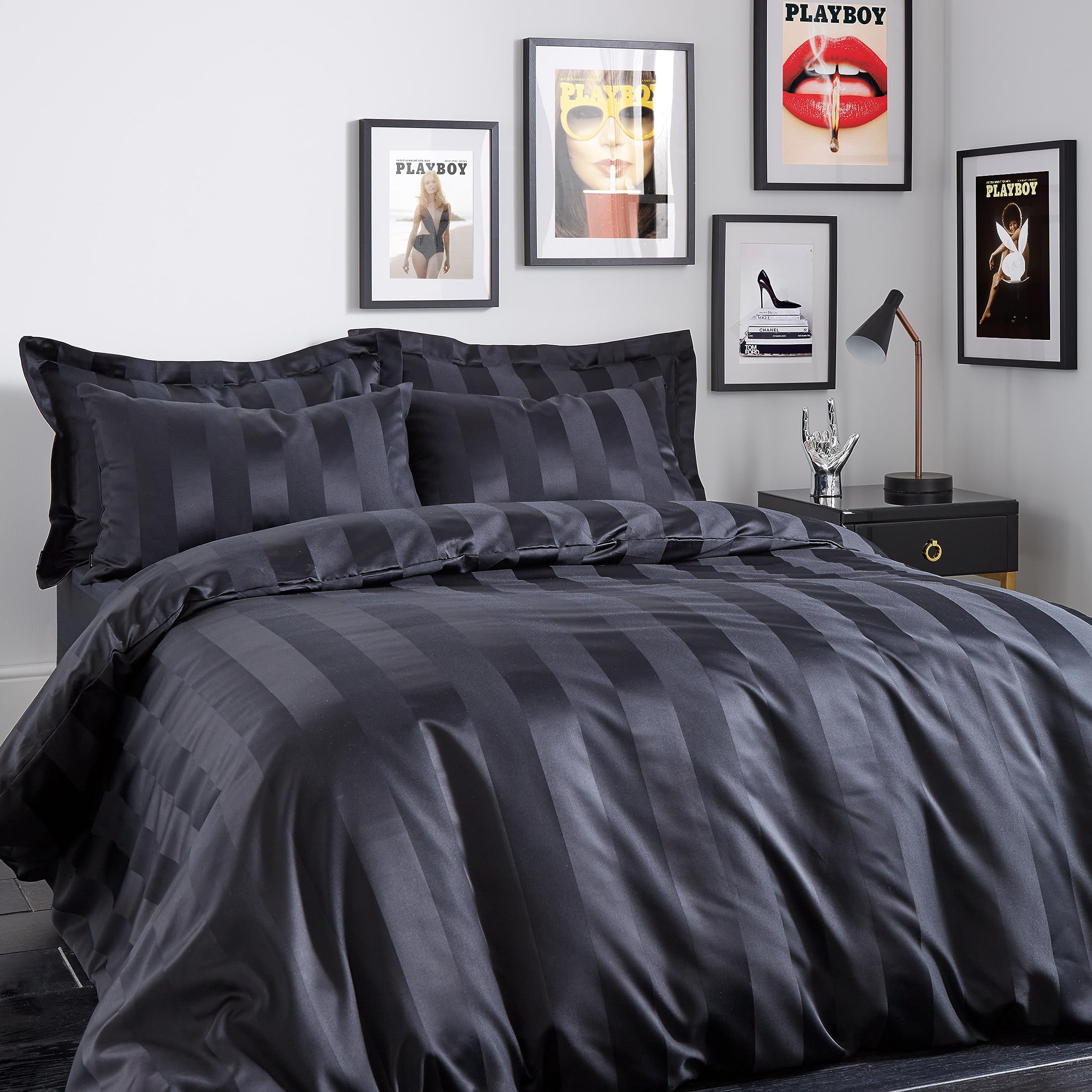 Sassy B Playboy Bedding Soft Satin Stripe Double Duvet Cover Set with Pillowcases Black