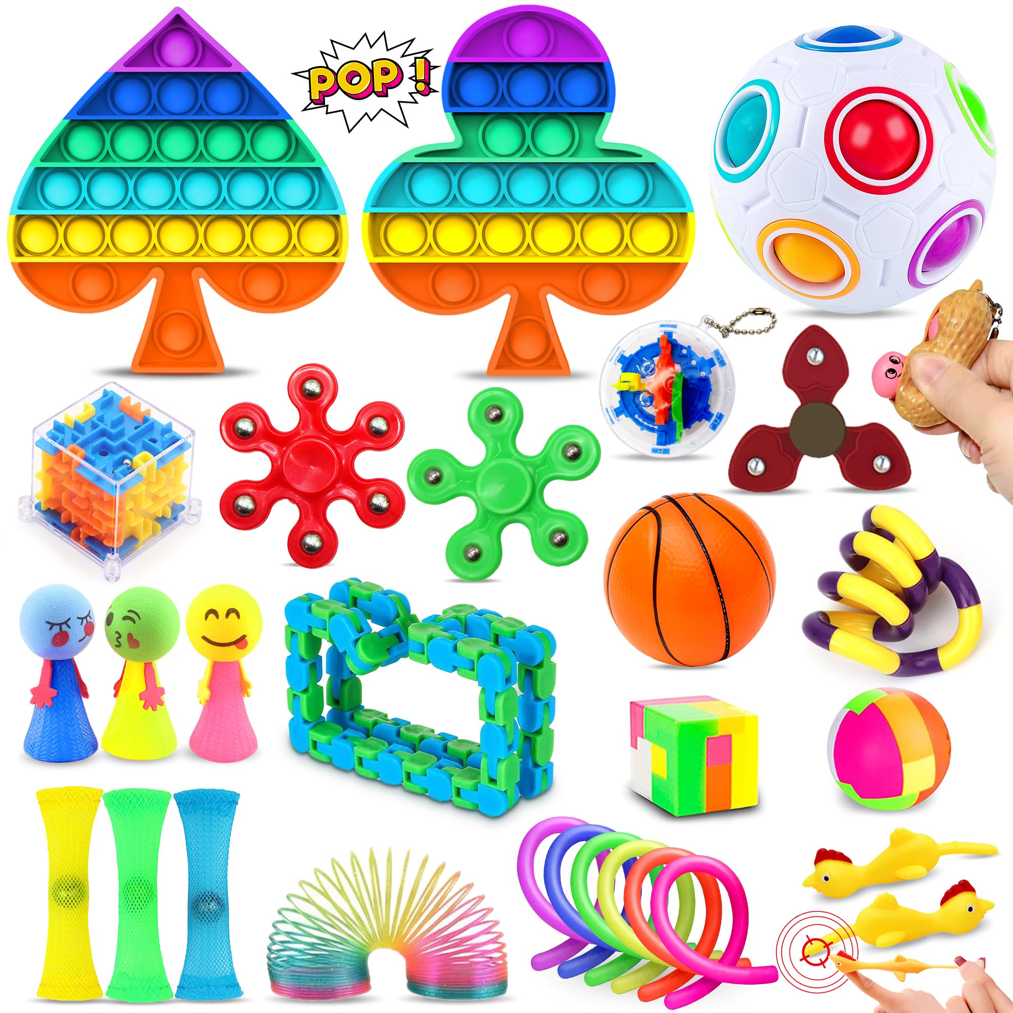 Chennyfun Rainbow Fidget Toy Set, 30 Pcs Sensory Toys for Autism ADHD, Stress Reliever with Toy Box Push-It Toy, Infinite Cube, Stress Ball Anti-anxiety Birthday Gift for Teen Children Adult