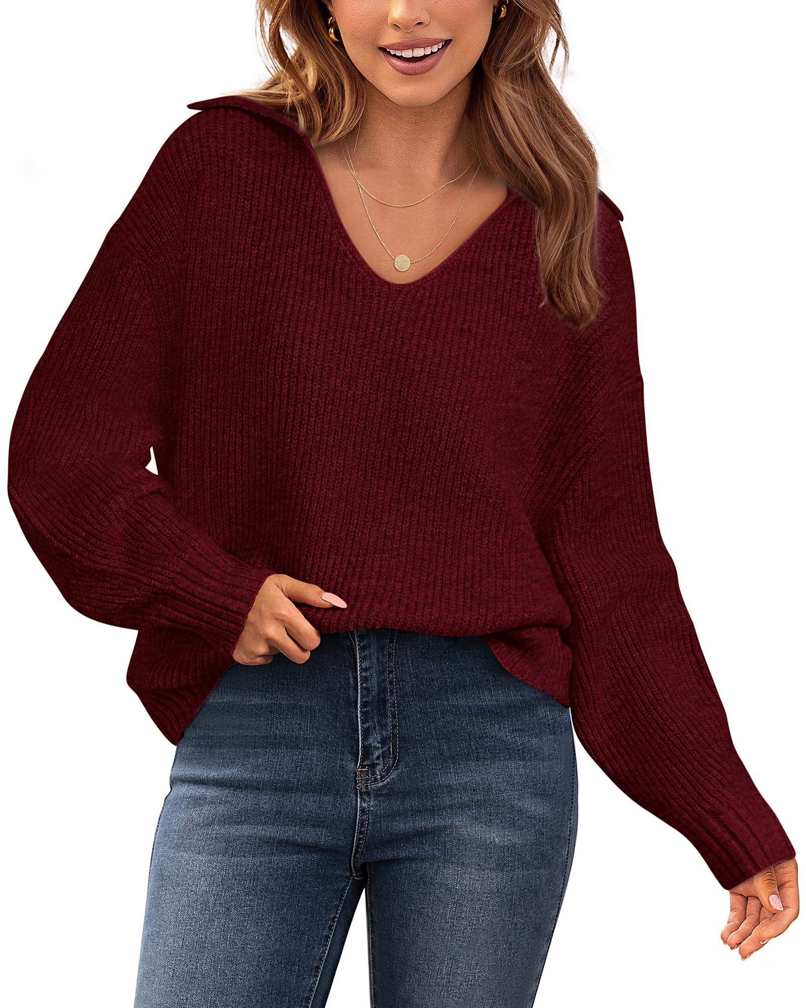 Photo 1 of BTFBM Women's 2024 Fall Winter Sweaters Long Sleeve V Neck Lapel Collar Casual Pullover Oversized Knitted Jumper Tops(Wine Red, Large)
