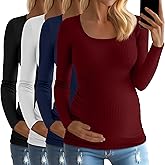 Huukeay 4 Pack Women's Cotton Maternity Tops Long Sleeve Ribbed Side Ruched Scoop Neck Shirts Casual Mama Pregnancy Clothes