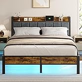 Queen Size Bed Frame with Wood Headboard, Metal Platform Bed with USB Charging Station and Smart LED Lights, No Box Spring Needed, Easy Assembly