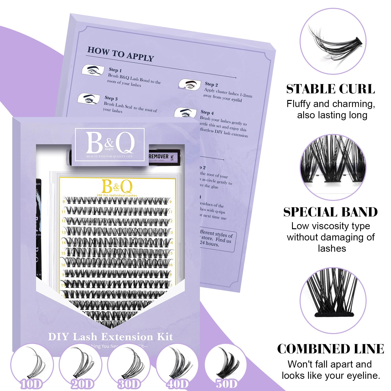 B&Qaugen B&Q Lash Clusters Kit 280PCS Eyelash Clusters Kit,30D 40D D 9-16MIX Individual Lash Comfortable Eyelash Extension Set, Classic Look with Bond and Seal Waterproof, Remover DIY at Home(Set,30D+40D)