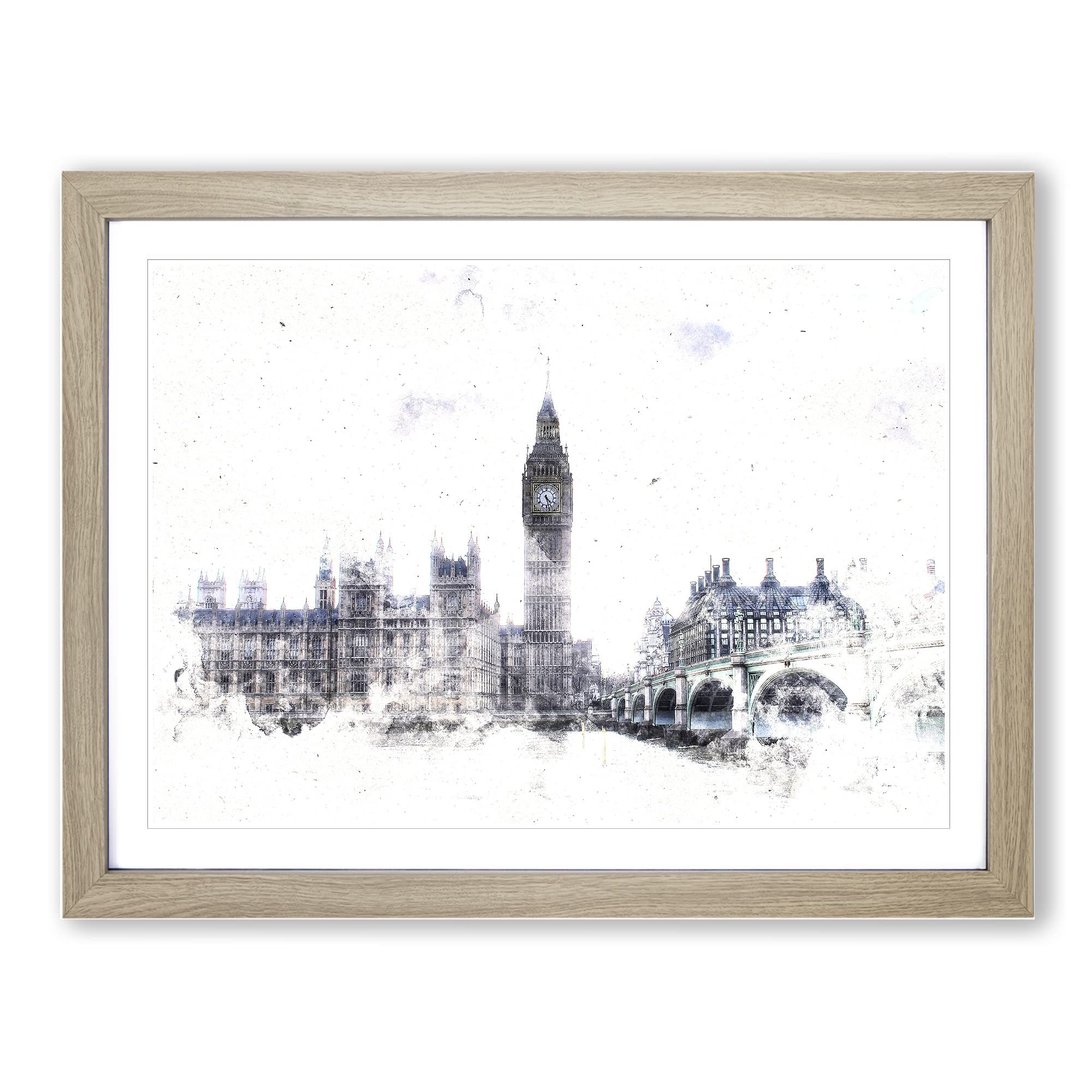The Houses Of Parliament London Watercolour Modern Framed Wall Art Print, Ready to Hang Picture for Living Room Bedroom Home Office Décor, Oak A4 (34 x 25 cm)