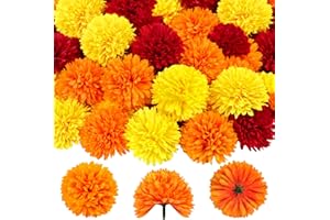 M&C MUSIC COLOR 40Pcs 2.75'' Marigold Flowers Heads Bulk, Silk Marigold Artificial Flowers for Diwali Home Decor DIY Wreath Garland Craft Baby Shower Wedding Mexican Party Decoration Halloween New Year Decor（Mix-1）