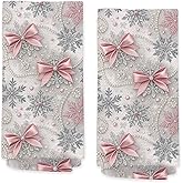 BitKan Coquette Pink Bow Christmas Snowflake Kitchen Towels Set of 2, Preppy Christmas Winter Hand Towels for Bathroom Kitchen, Pink and Silver Xmas Decorative Dish Tea Towel Dishcloth, 16x24 Inch