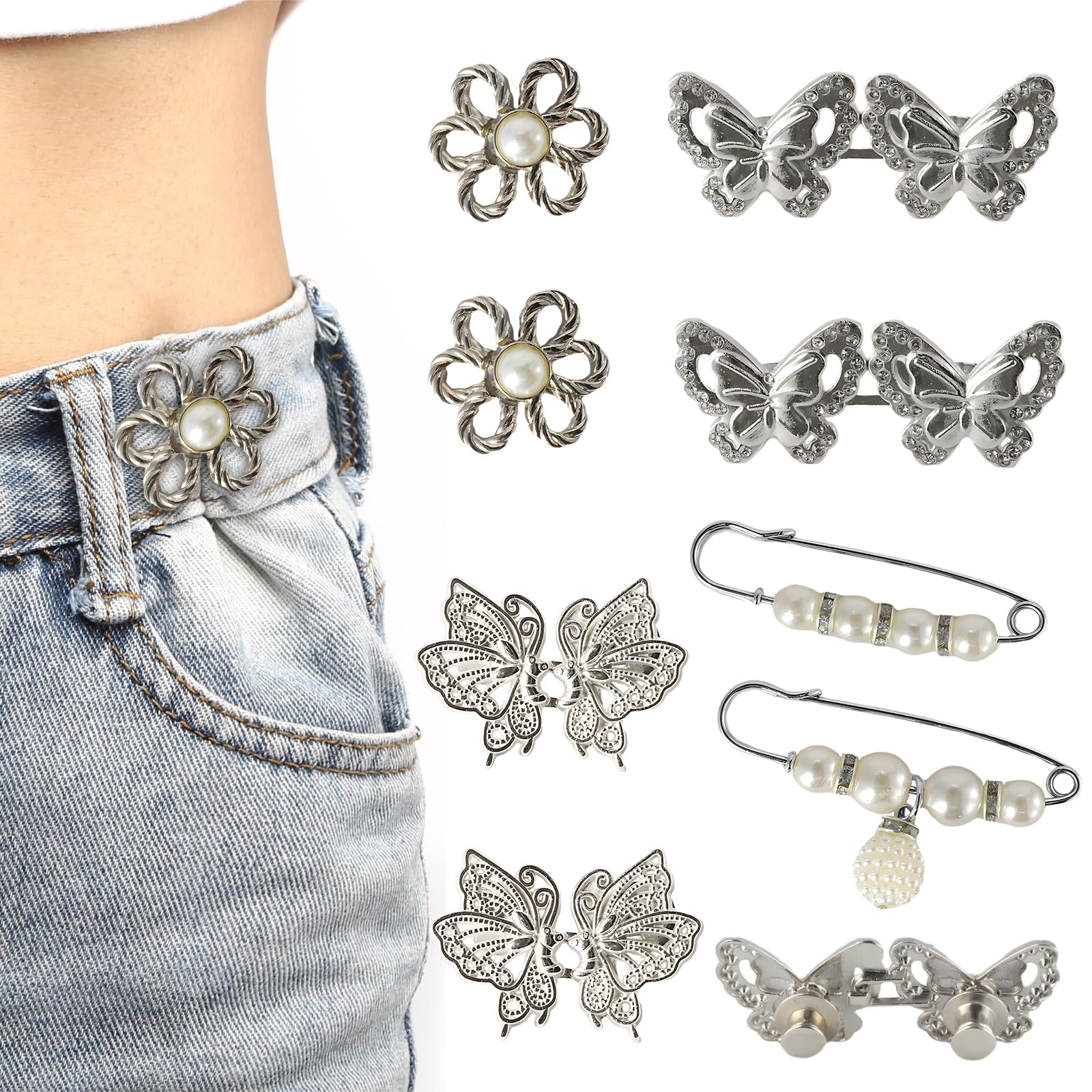 Photo 1 of 8 PCS Pant Waist Tightener, Butterfly Waist Cincher Clip, Cincher Clip Pearl Brooch, Reusable, Adjustable, No Sewing and Tools Required, for Loose Jeans, Clothing, Skirts, Dresses