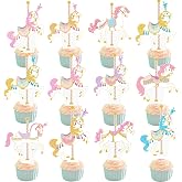 Carousel Horse Cupcake Toppers 48Pcs Carousel Horse Party Cake Decorations Carnival Carousel Horse Cupcake Picks Horse Birthday Party Supplies for Amusement Park Themed Baby Shower Decor