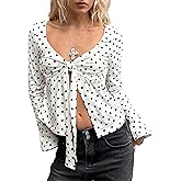 KIGRAD Women Y2k Polka Dot Bow Tie Front Split Hem Peplum Crop Tops Coquette Sweetheart V Neck Long Sleeve Fall Shirts