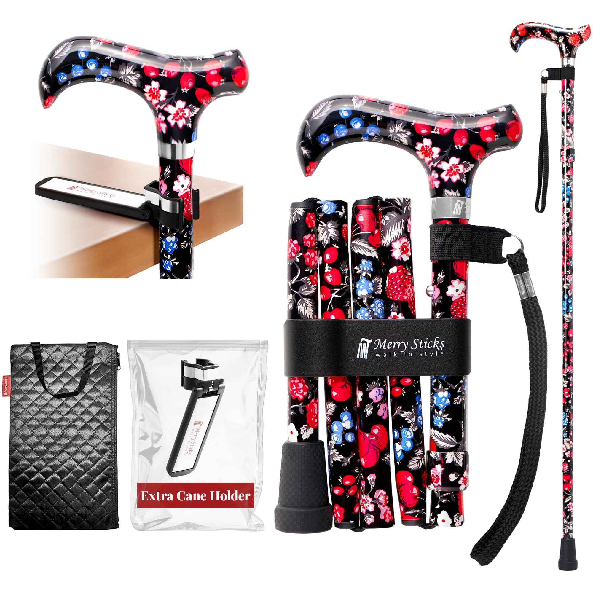 Merry Sticks Foldable Walking Sticks, Adjustable Canes for Women and Seniors, Folding and Collapsible Canes for Men - Berries