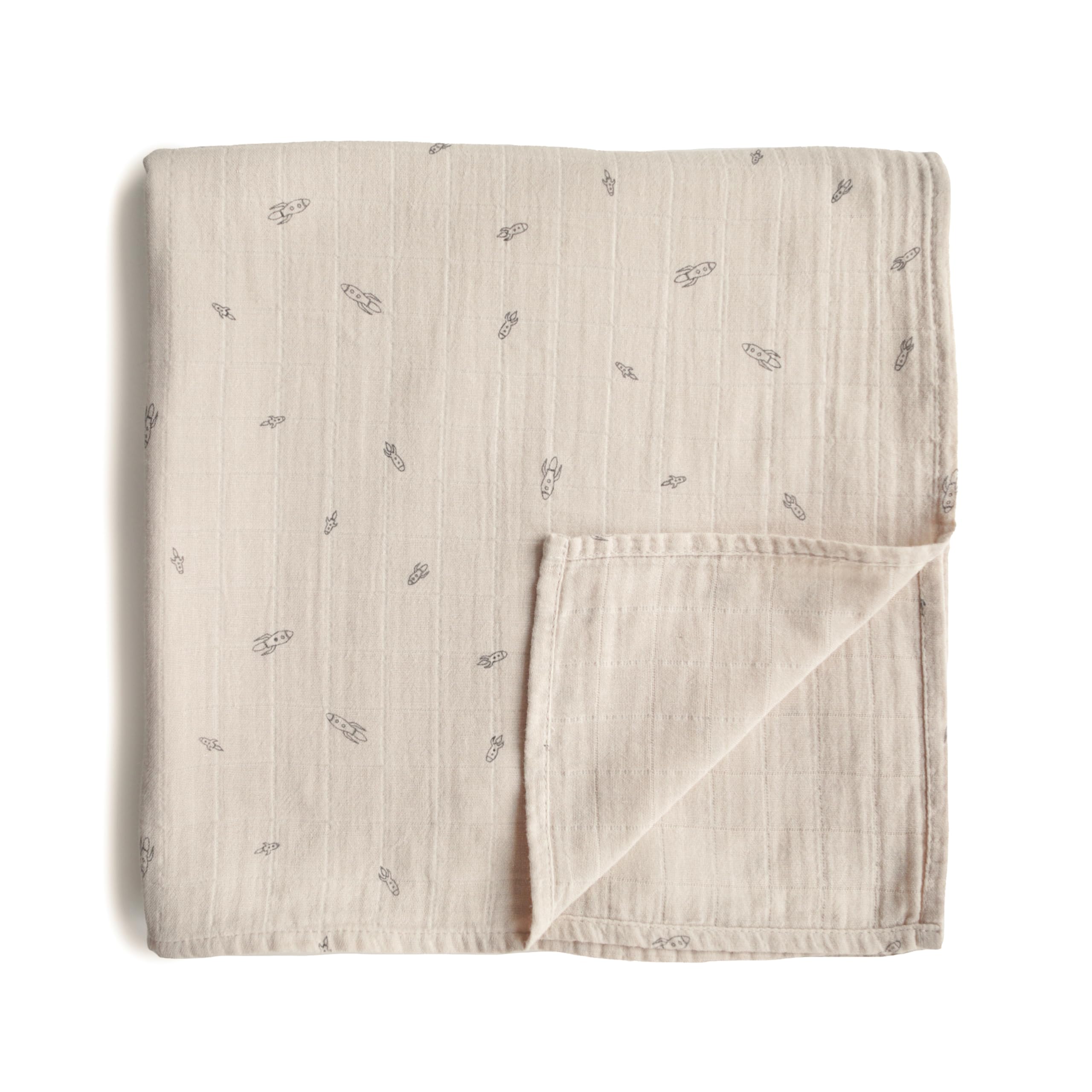 Mushie Muslin Baby Swaddle Blanket | Baby & Toddler Swaddle | Material: 100% Organic Cotton | Pre-Washed for Softness | Breathable | Keep Child Warm & Cuddly (Rocket Ship)