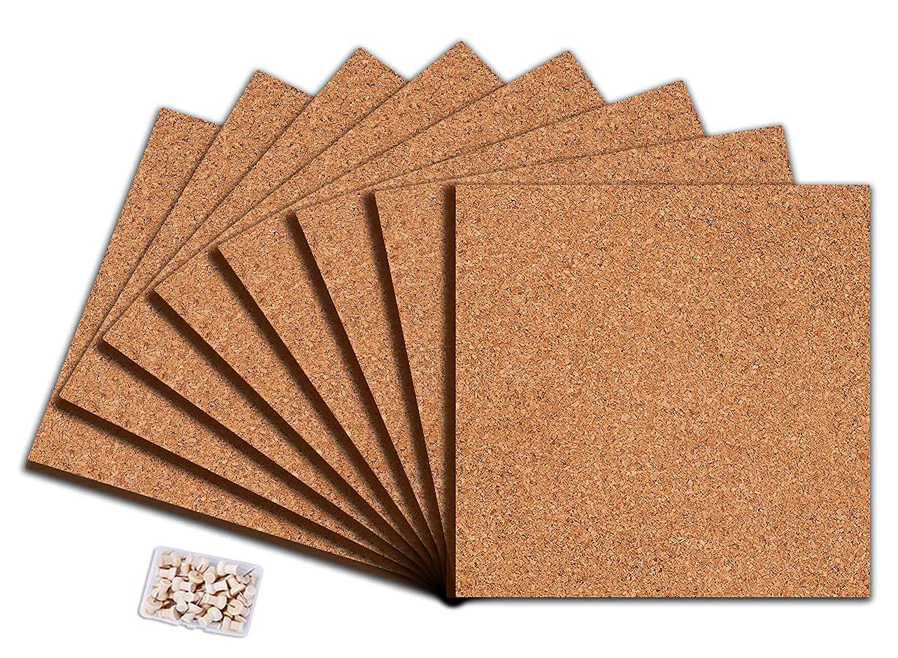 Square Cork Board Tiles with Full Sticky Back, Big Size Cork Board, Small Wall Bulletin Boards Mini Pin Board with 50 Push Pins for Pictures, Photos, Drawing Pack of 8 (21 cm x 21 cm X 0.6)