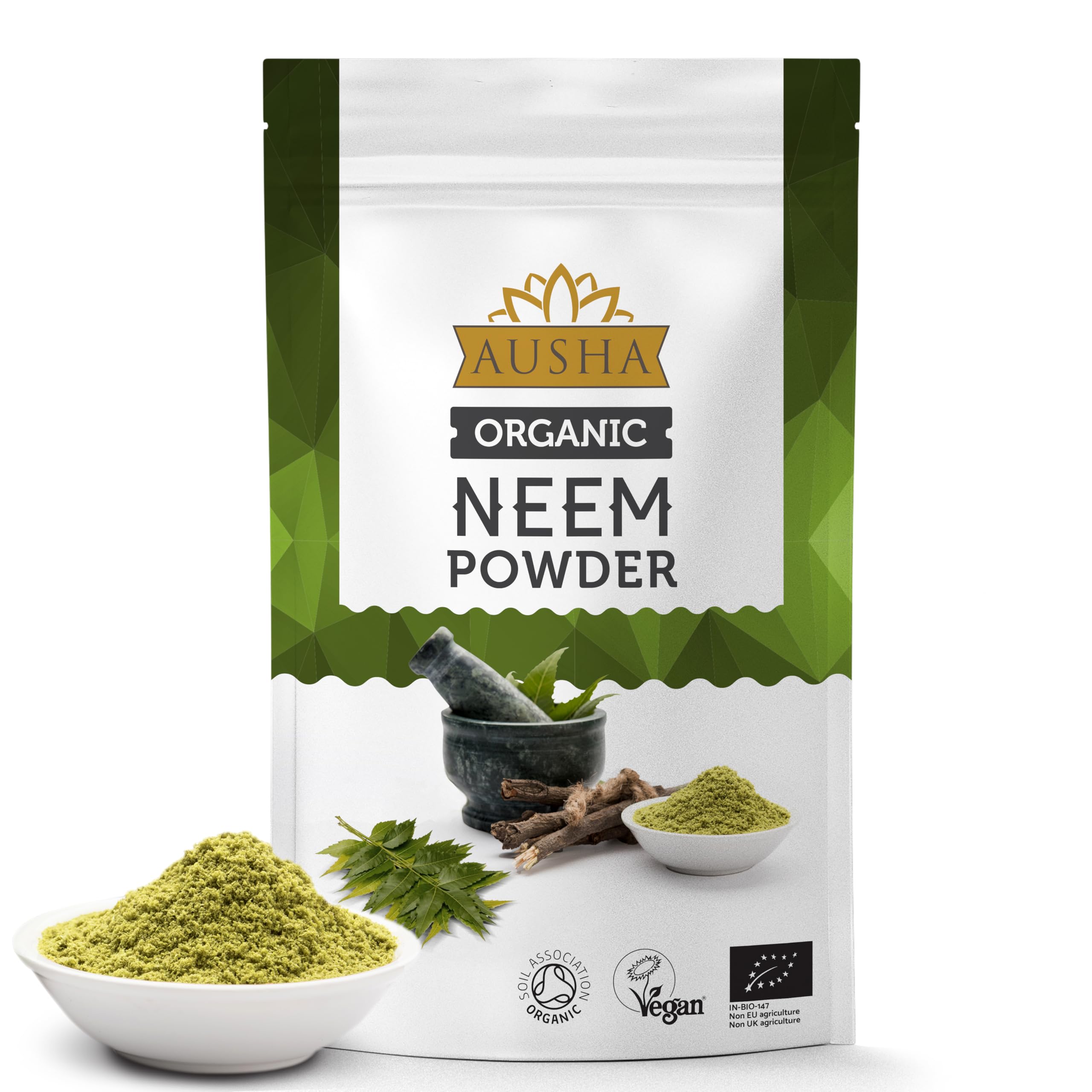 Ausha Organic Neem Powder 200g - For Eating, Hair,Skin,Face - UK Certified Organic by Soil Association - Cleansing, Immunity