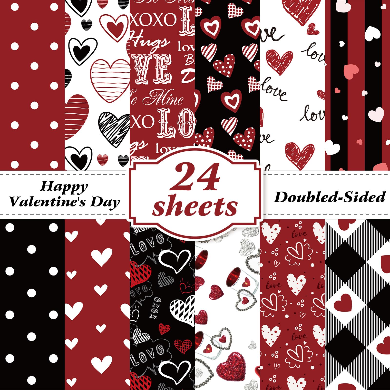 Photo 1 of Valentines Pattern Paper Double Sided Valentine Decorative Scrapbook Craft Paper,Love Heart Red Black Cardstock for Valentines Craft Supplies Card Making Scrapbook(12 Design,24 Sheet,11 x 11 Inch)