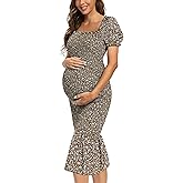 Summer Floral Midi Bodycon Maternity Dresses, Short Puff Sleeve Square Neck Ruffle Hem Mermaid Baby Shower Dress