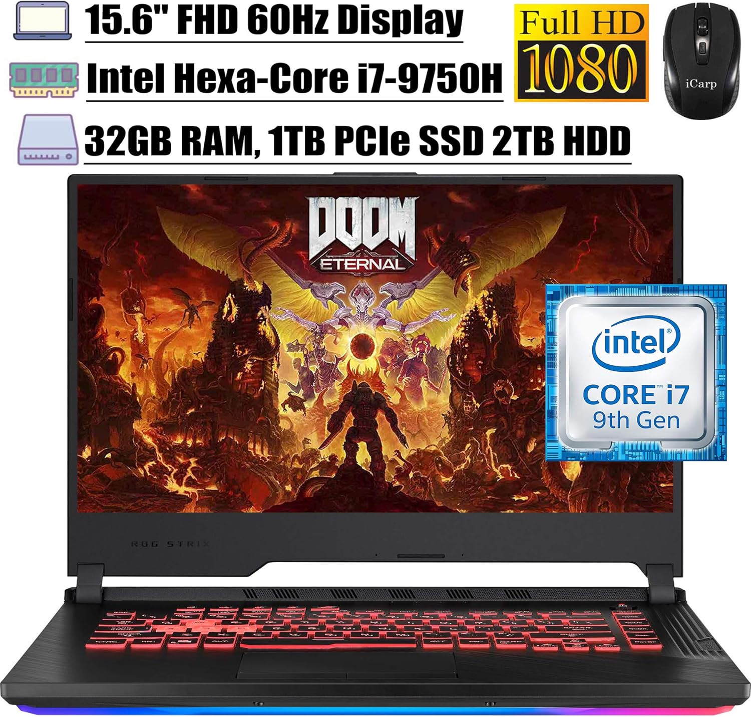 2020 Latest ASUS ROG Strix G Flagship Gaming Laptop 15.6" FHD Display Intel Hexa-Core i7-9750H 32GB DDR4 1TB PCIe SSD 2TB HDD 4GB GTX 1650 RGB Backlit WiFi Win 10 + iCarp Wireless Mouse