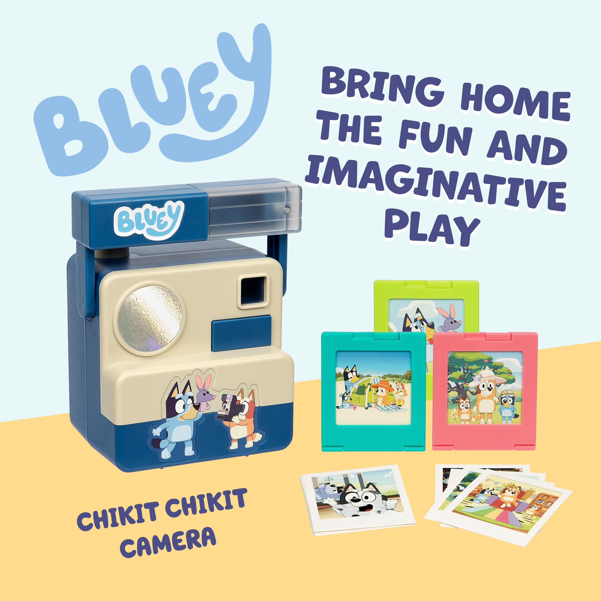 Bluey Chikit Chikit Pretend Camera, Role Play Toy Camera for Kids with 10 Photo Cards, 3 Pop-Out Film Cartridges, Toddler Toys Playset for Ages 3+