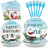 Grencian 96 Pcs Ofishally One Birthday Decorations Gone Fishing 1st Party Plates and Napkins Tableware Set O Fishally One First Birthday Decorations for Boys Little Fisherman 1st Baby Shower Serves 24