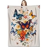 VODRM Butterfly Blanket Retro Floral Bloom Throw Blankets,Birthday Gifts for Kids Women Girls,Lightweight Soft Fleece,with Colorful Flower,Sofa Couch Bed Room Modern Decor 50x60in